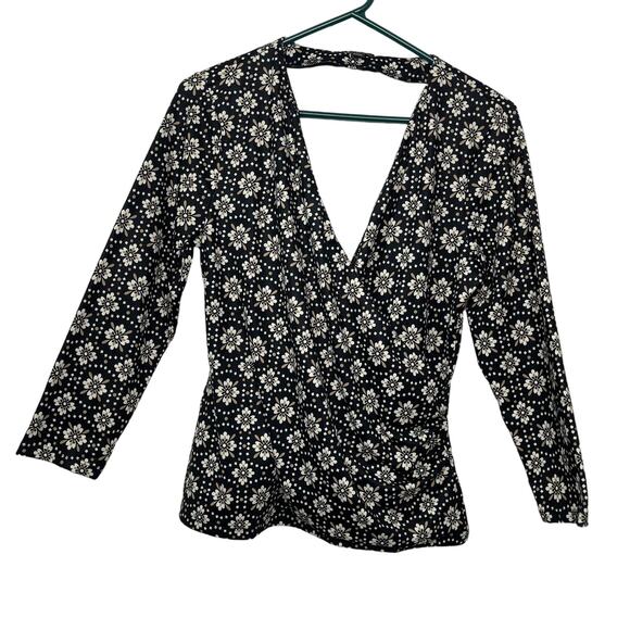 Ann Taylor shirt blouse top women's medium black with white floral pattern layer - Picture 1 of 14